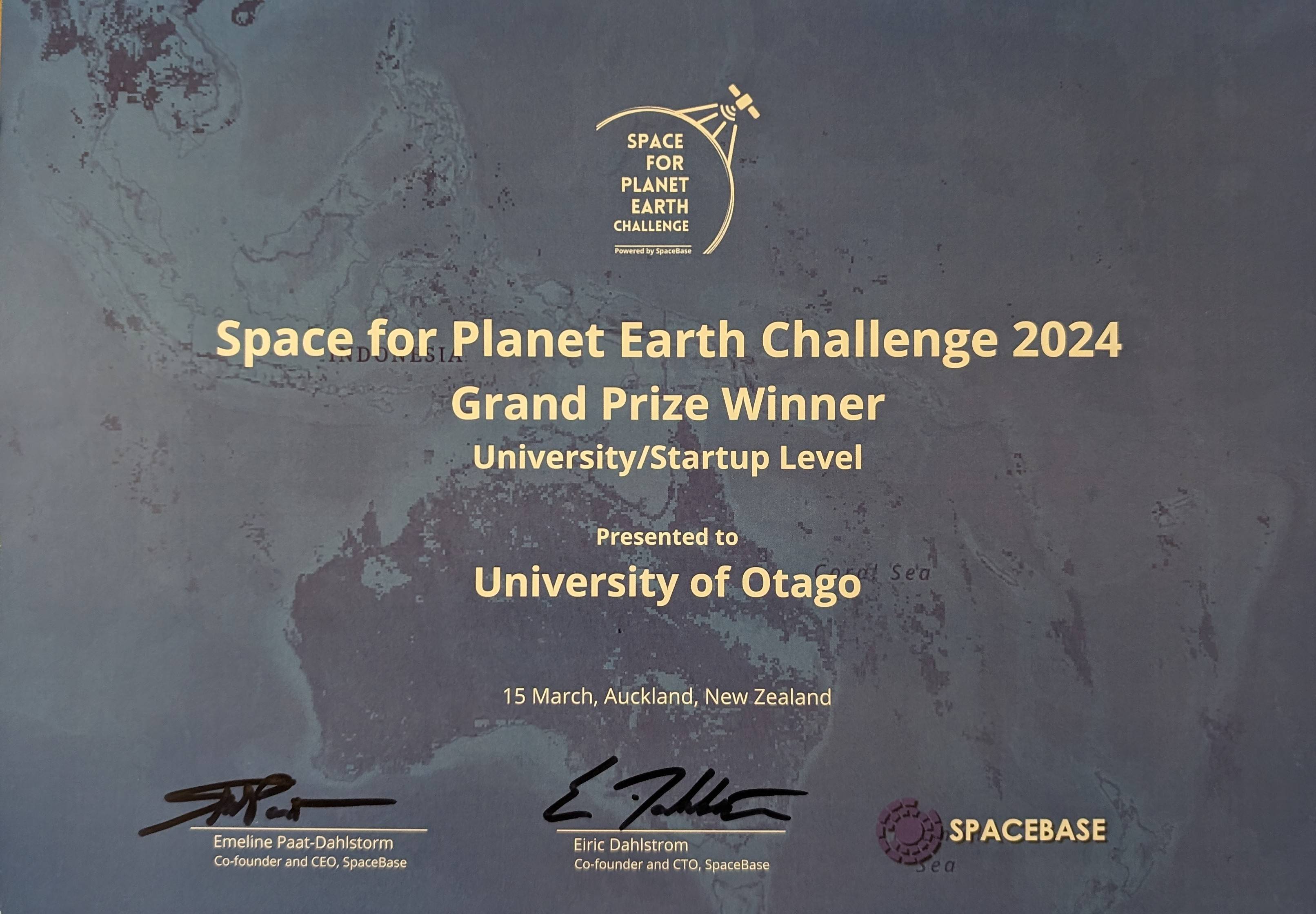 University of Otago Wins Grand Prize in Space for Planet Earth Challenge