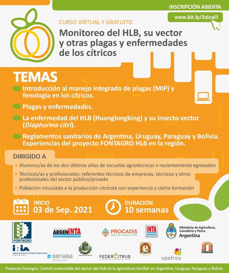 Se lanzó un curso virtual y gratuito de monitoreo del HLB, su vector y otras plagas y enfermedades de los cítricos